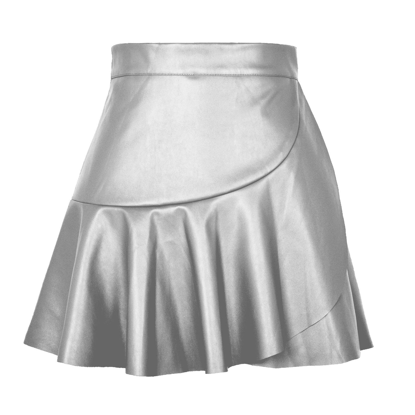 High Waist Ruffles Irregular Asymmetric Leather Skirt