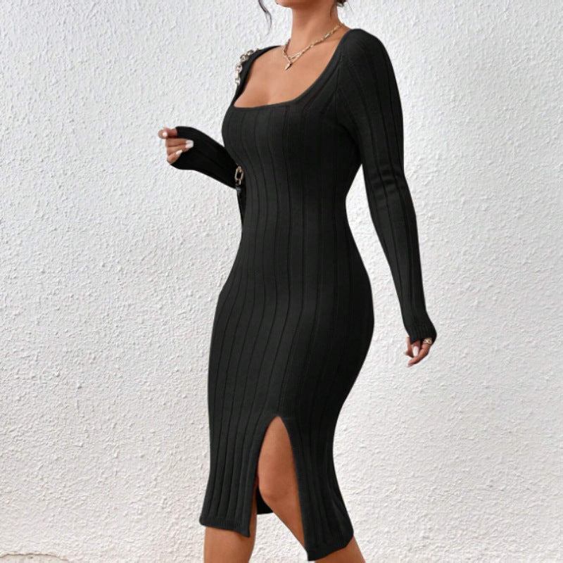 Sexy Square Collar Long Sleeve Knitted Dress