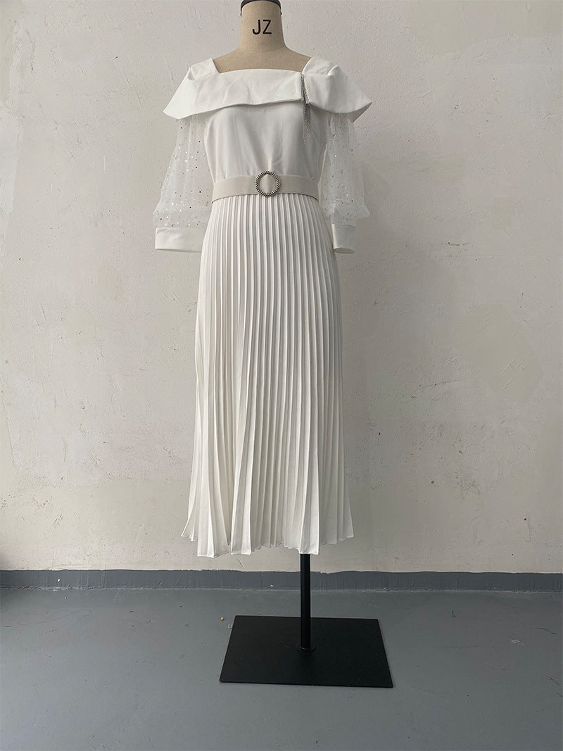 White Mesh Long Sleeve Belt Dress