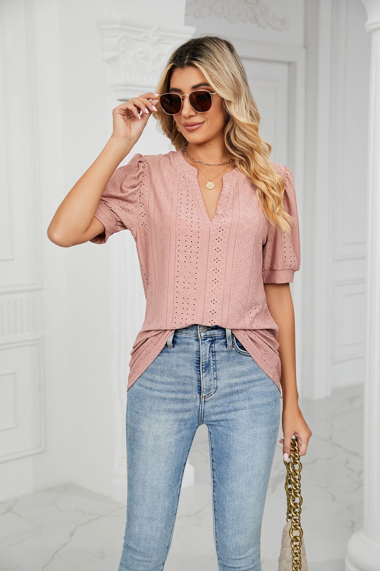 V Neck Hollow Out Puff Sleeve Loose Fitting T Shirt Top