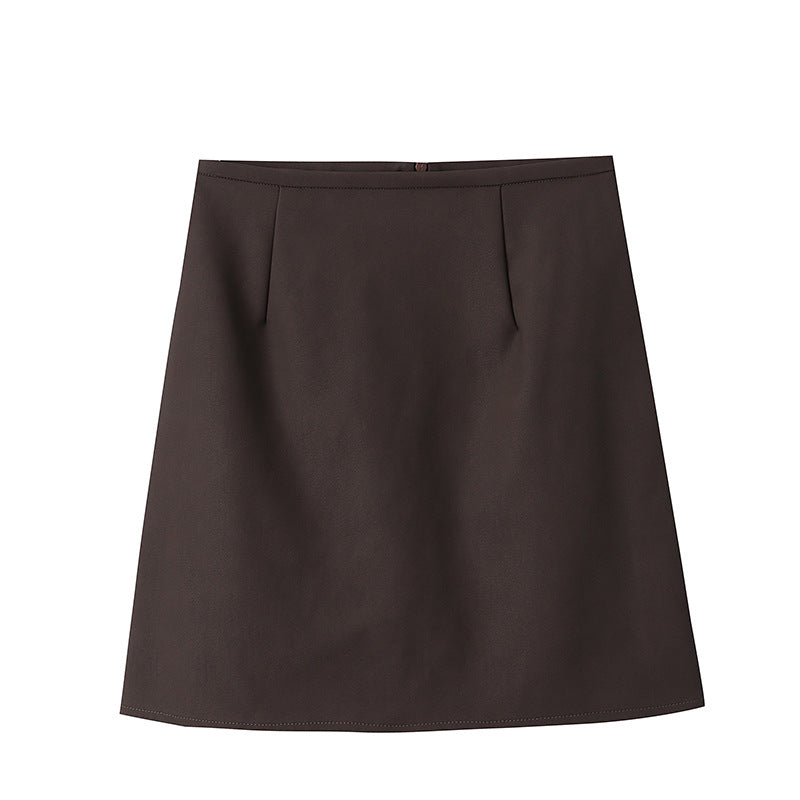 French Fashionable High Waist Half Length A line Leather Skirt