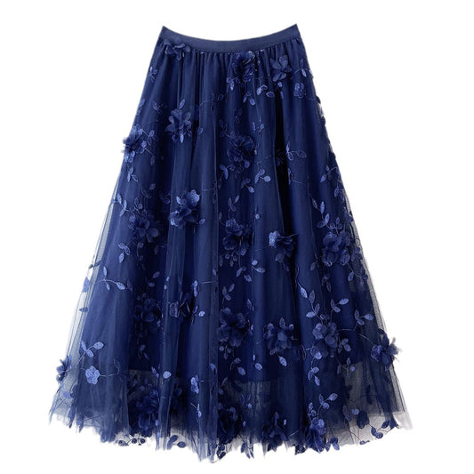 Three Dimensional Floral Gauze Mesh Embroidered Mid Length Skirt Sunnygrace - Fashally.com