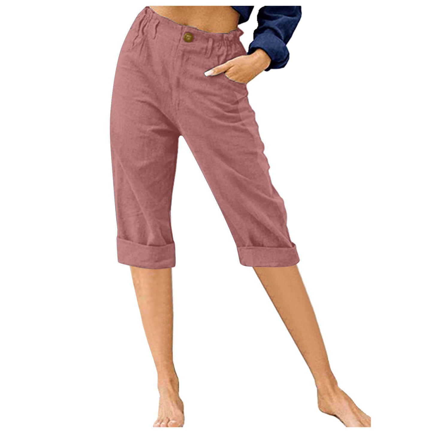 Cropped Solid Color Cotton Linen Loose High Waist Casual Pants