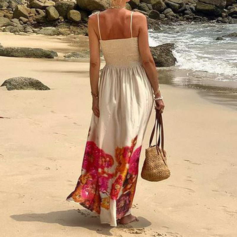 Vestido largo medio de playa con tirantes para vacaciones y estampado de verano