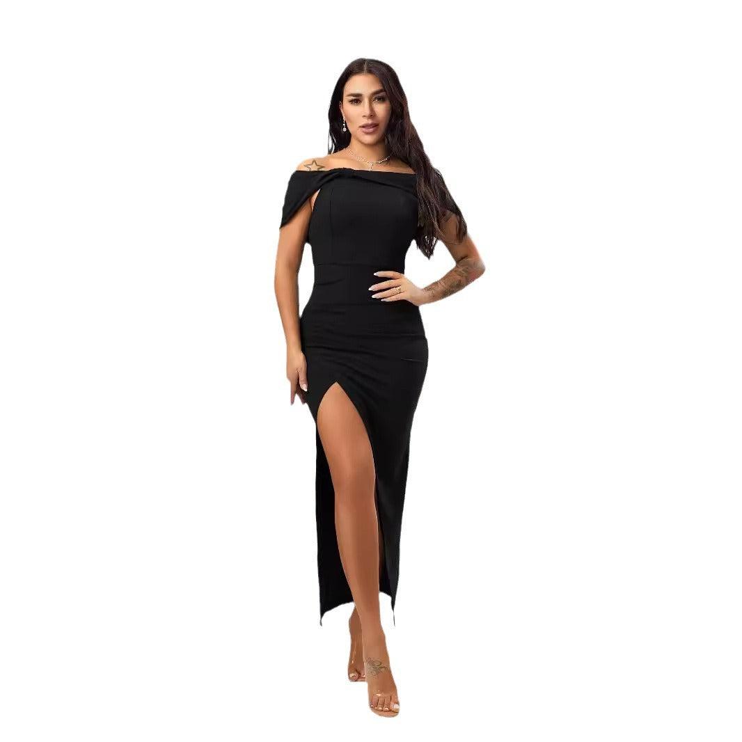 Solid Color Off Neck Tight Sexy Slit Dress