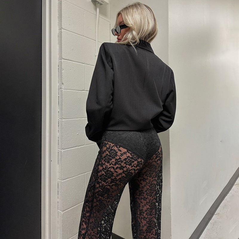 Sexy Lace See Through High Waist Stitching Long Straight Leg Pants