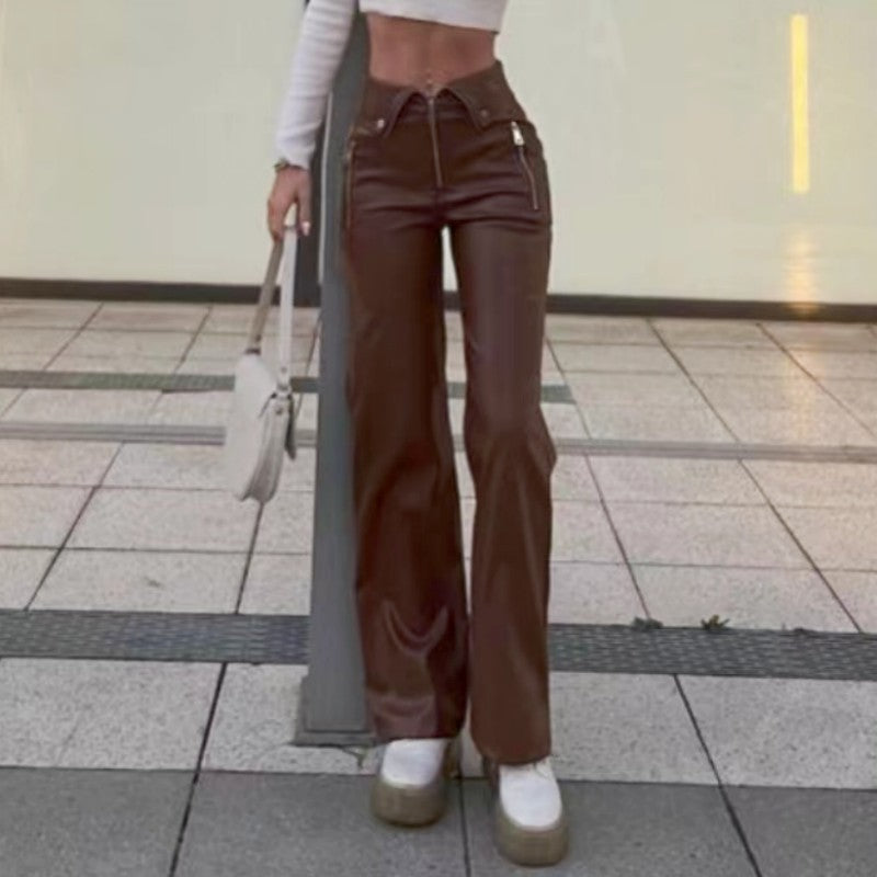 High Waist Straight Loose Wide Leg Leather Pants