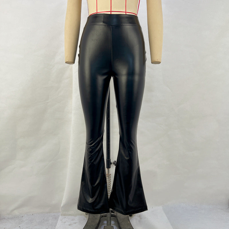 High Waist Faux Leather Black Glossy Flared Pants