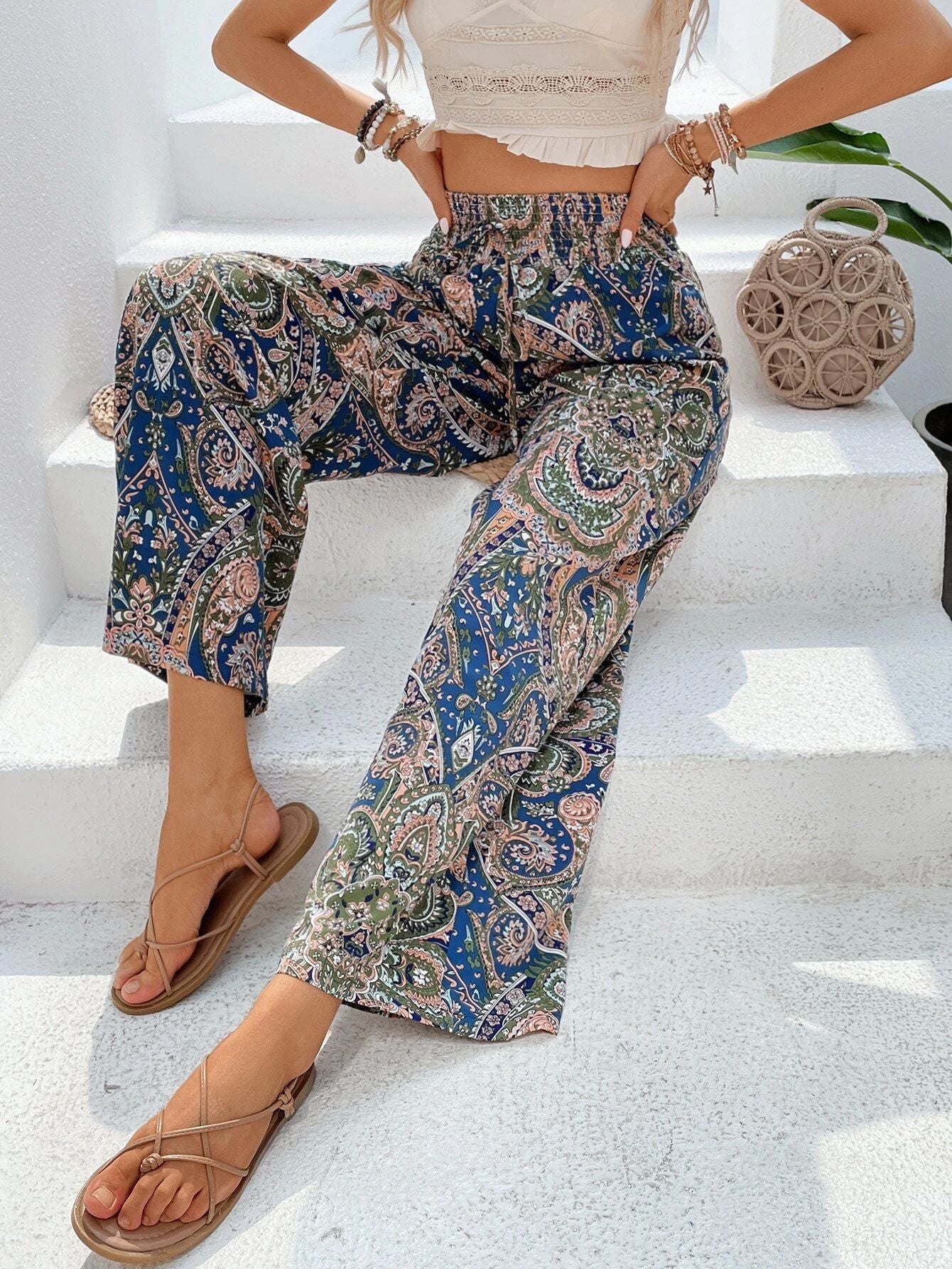 Summer All Match Printed Elastic Waist Wide Leg Pants