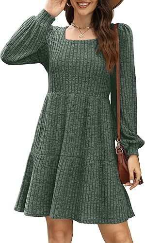 Square Collar Lantern Sleeve Pocket Long Sleeve Dress