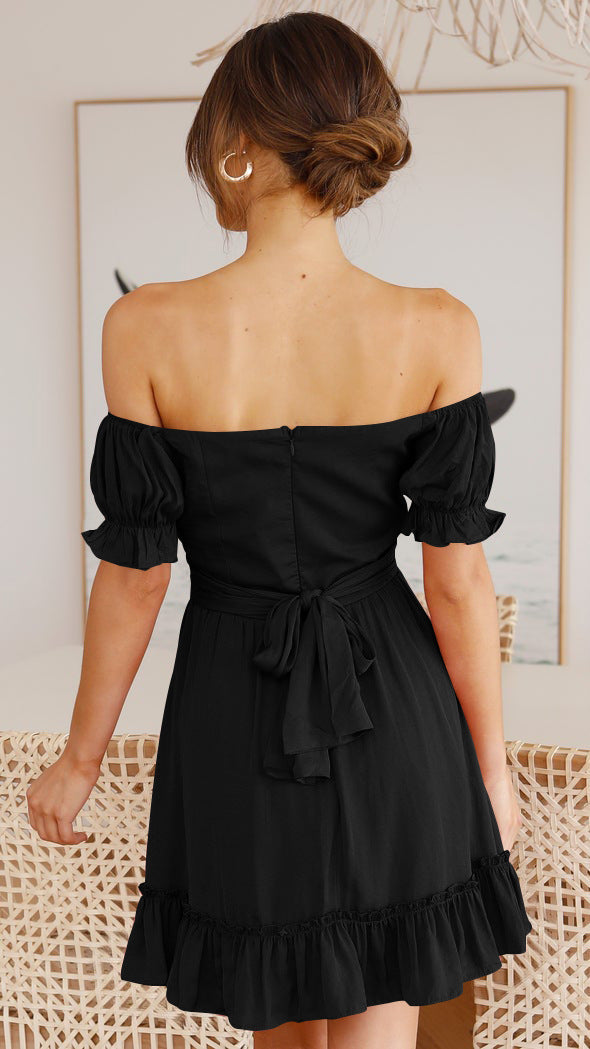 Plain Off Neck Ruffled Short Sleeves Dress