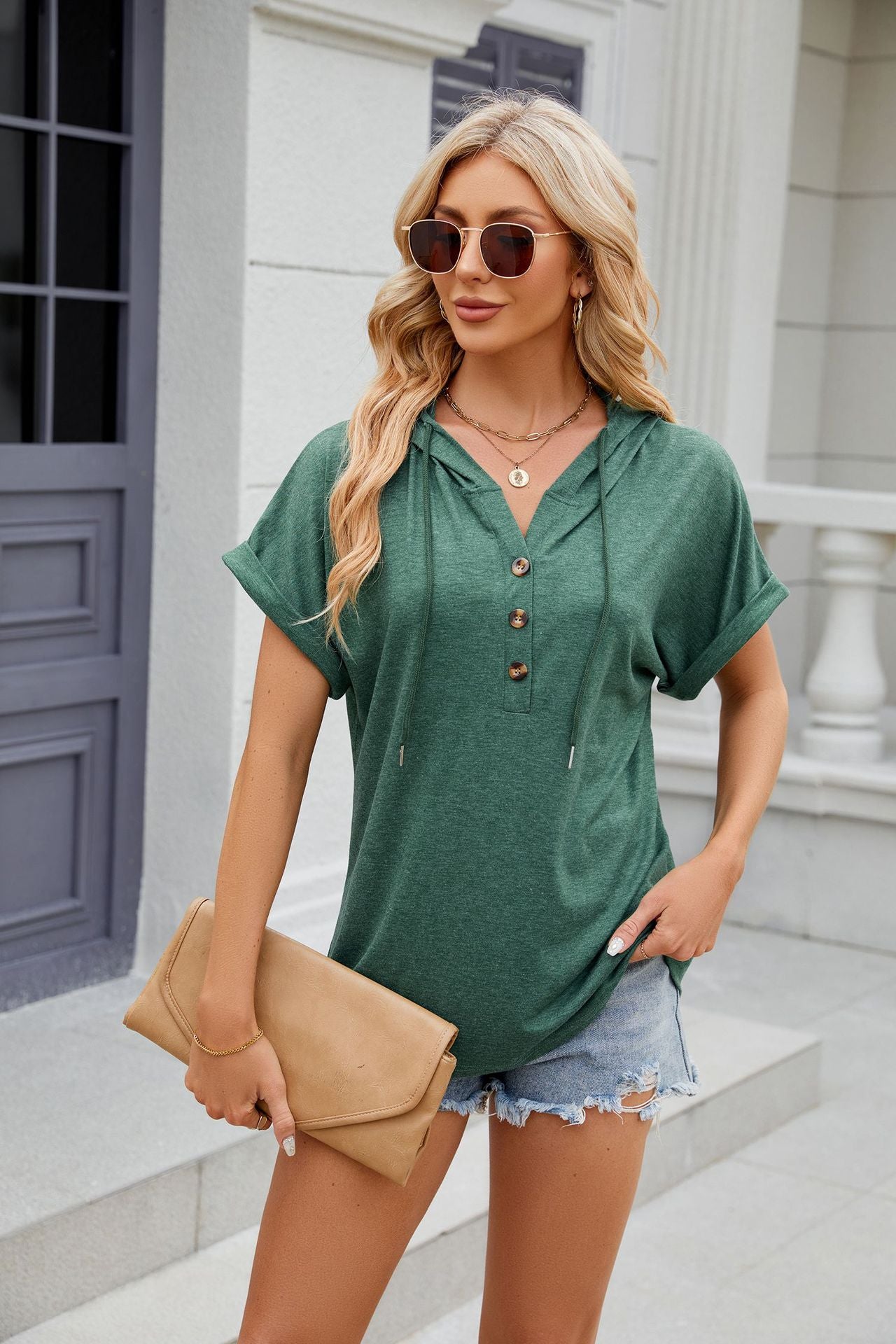 Hooded Button Loose Short Sleeve T Shirt Top