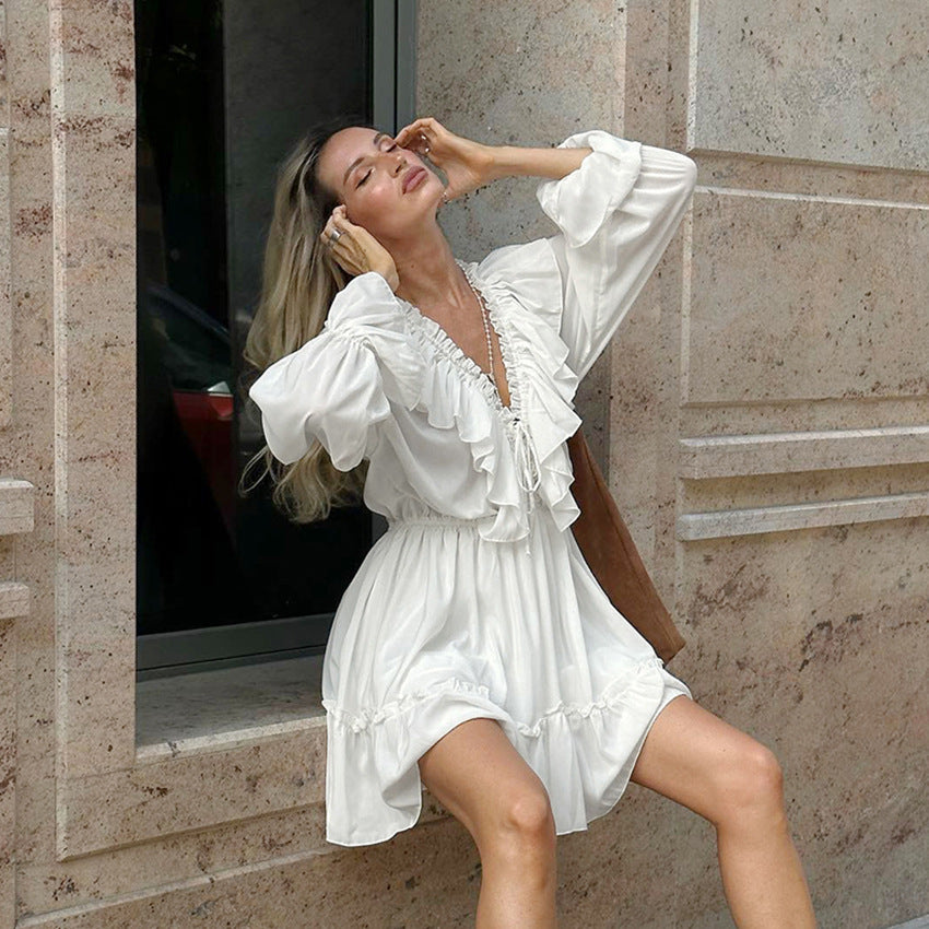 Vestido con cordones de manga larga con cuello en V delgado y sexy de gasa blanca