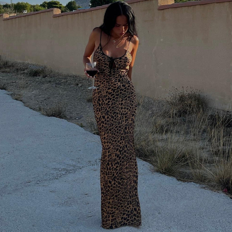 Strap Off Neck Tie Sexy Backless Leopard Print Dress