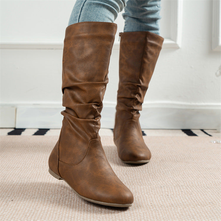 Pleated High Top Inner Zipper Flat Bottom round Head Boots