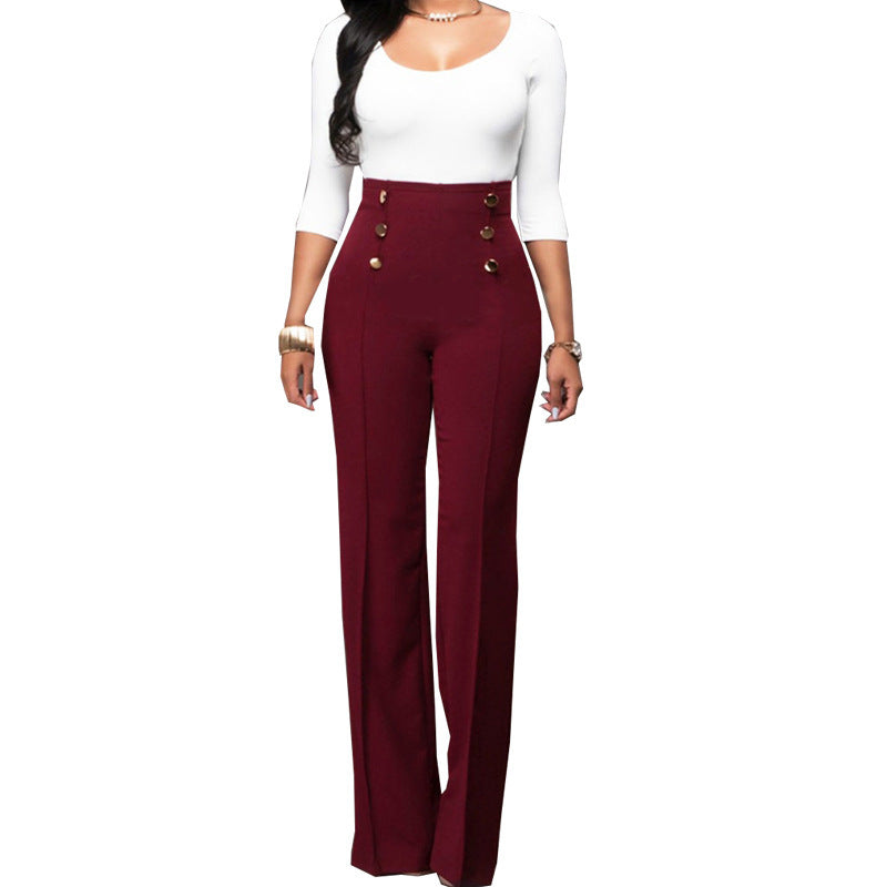 Button Solid Color Bootcut Trousers