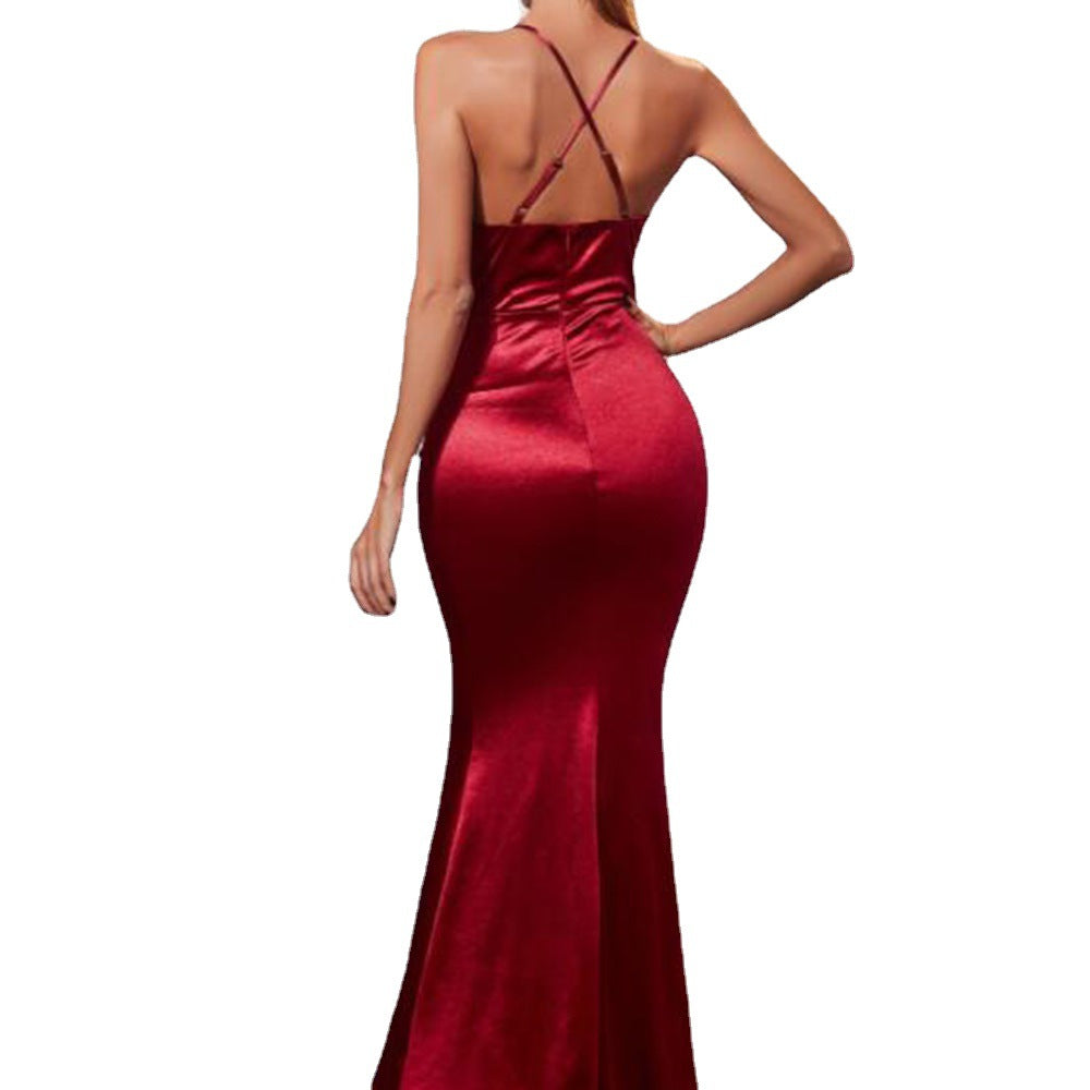 Elegant Backless Sling Swing Collar Slit Satin Evening Dress