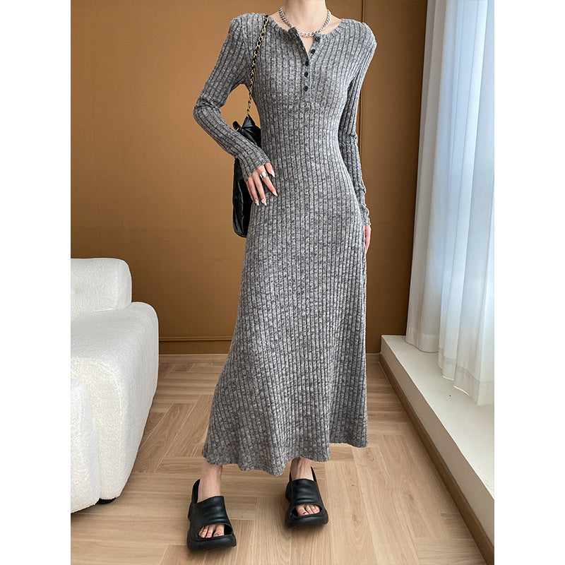 Sunken Stripe Padded Shoulder Slimming Knitted Dress