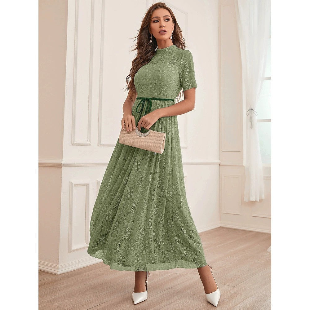 Round Neck Short Sleeve Mesh High Waist Elegant Graceful Dress