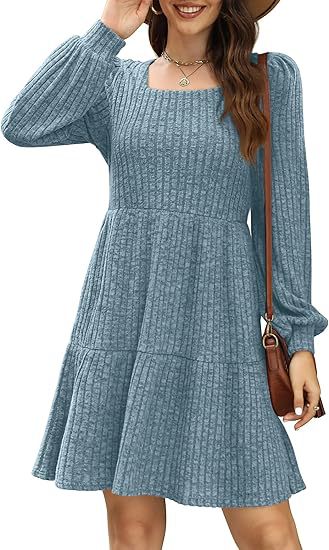 Square Collar Lantern Sleeve Pocket Long Sleeve Dress