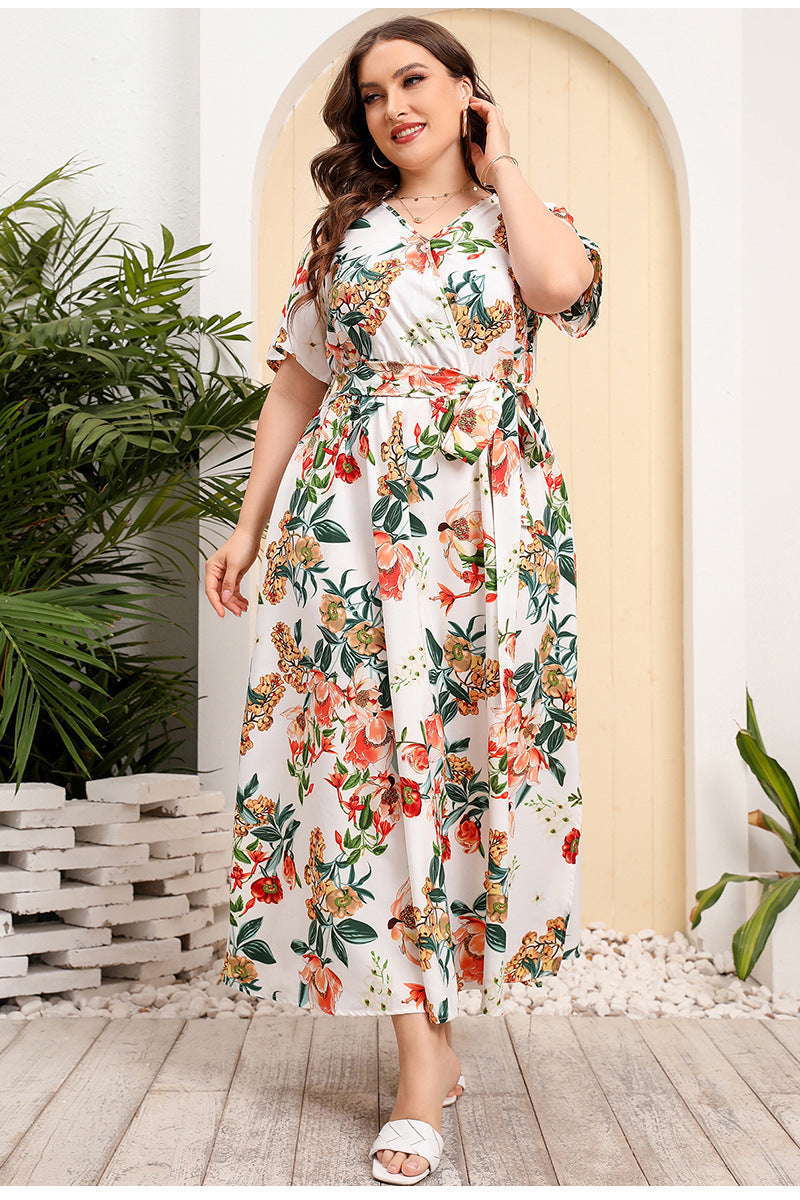 Plus Size High Waist Western V-neck Midi Dress