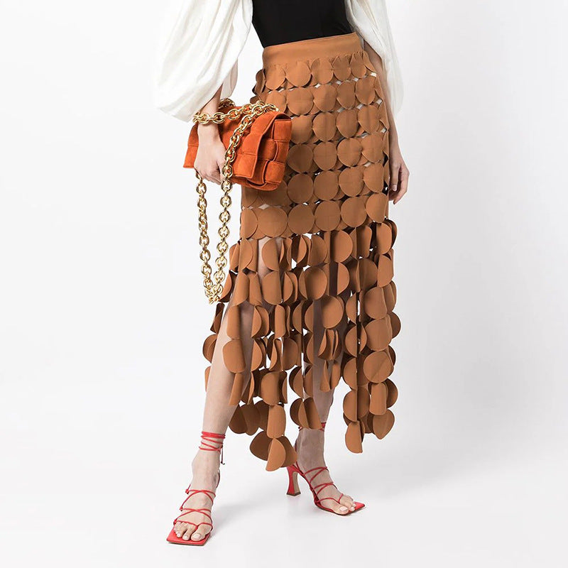 Stitching Wafer Tassel High Waist Solid Color Skirt