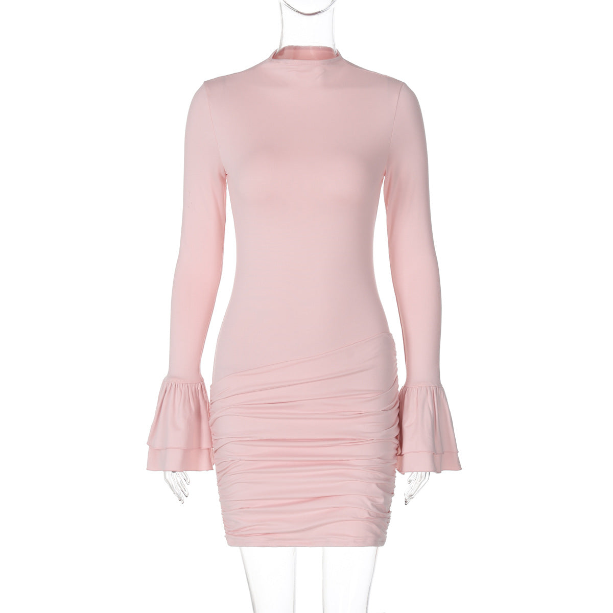 Sexy Round Neck Pleated Solid Color Bell Sleeve Sheath Dress