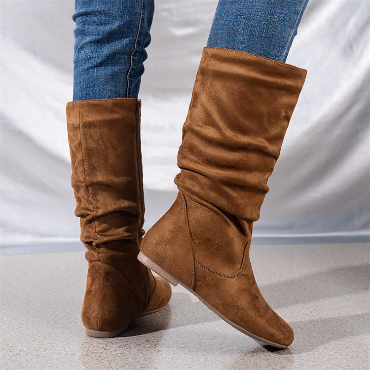 Pleated Zipper Flat Ankle Boots