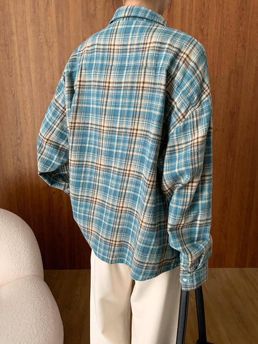 Retro Washed Brushed Cotton Plaid Long Sleeve Shirt