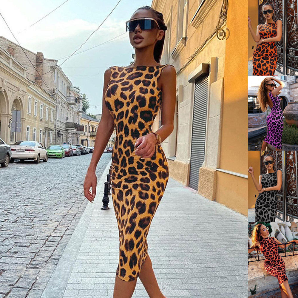 Leopard Print Backless Midi Dress