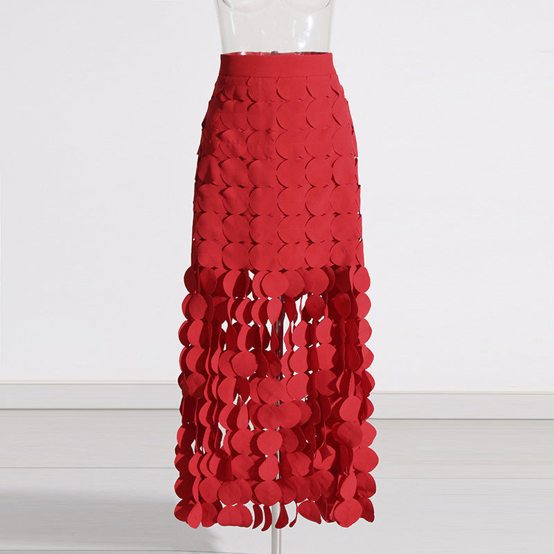 Stitching Wafer Tassel High Waist Solid Color Skirt