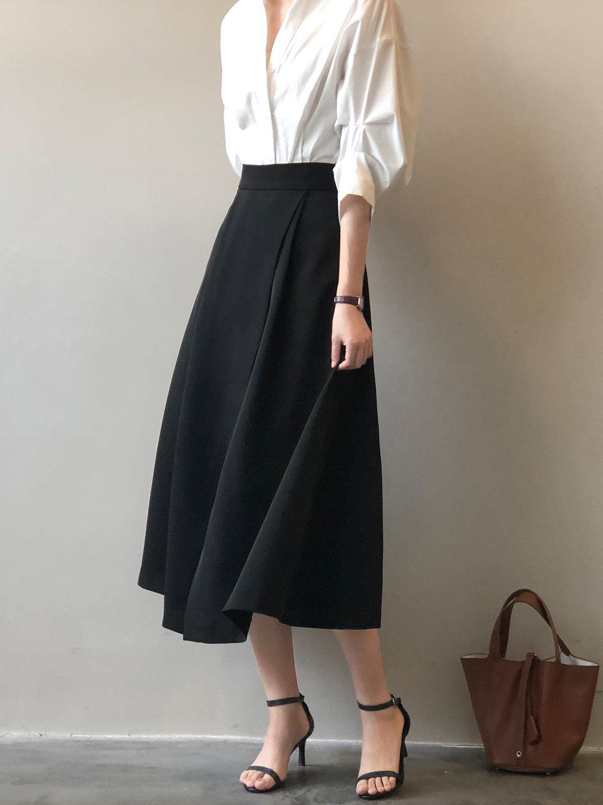 Elegant High Waist Office Slit A line Midi Skirt