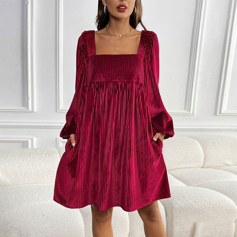 Velvet Square Collar Solid Color Dress