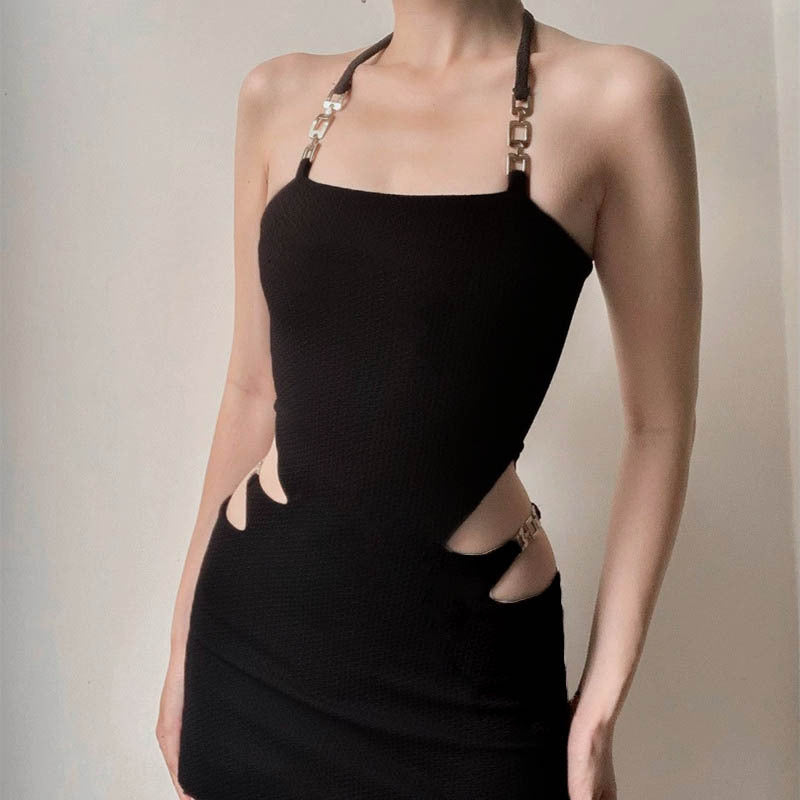 Halter Decoration Backless Waist Hollow Out Dress