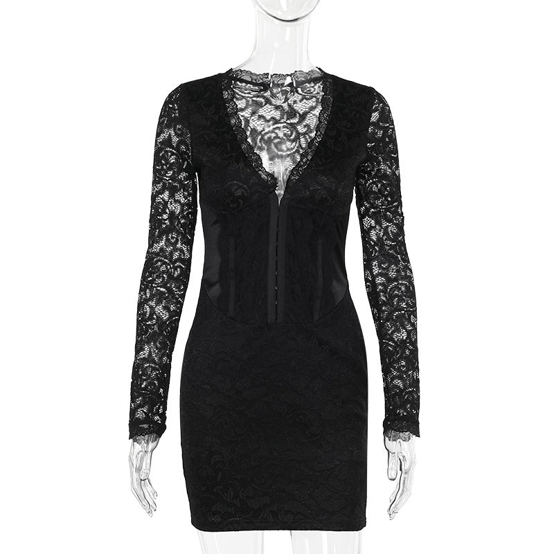 Elegant Sexy Long Sleeve Lace Mini Dress