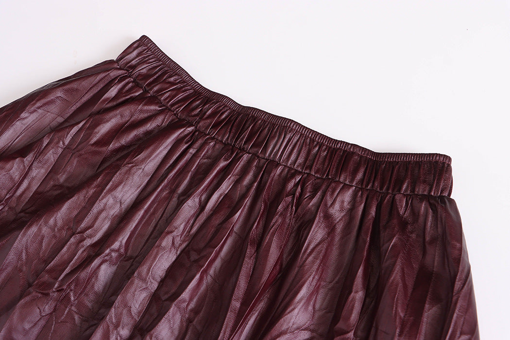 Vintage Pleated Texture Elastic High Waist Faux Leather Skirt