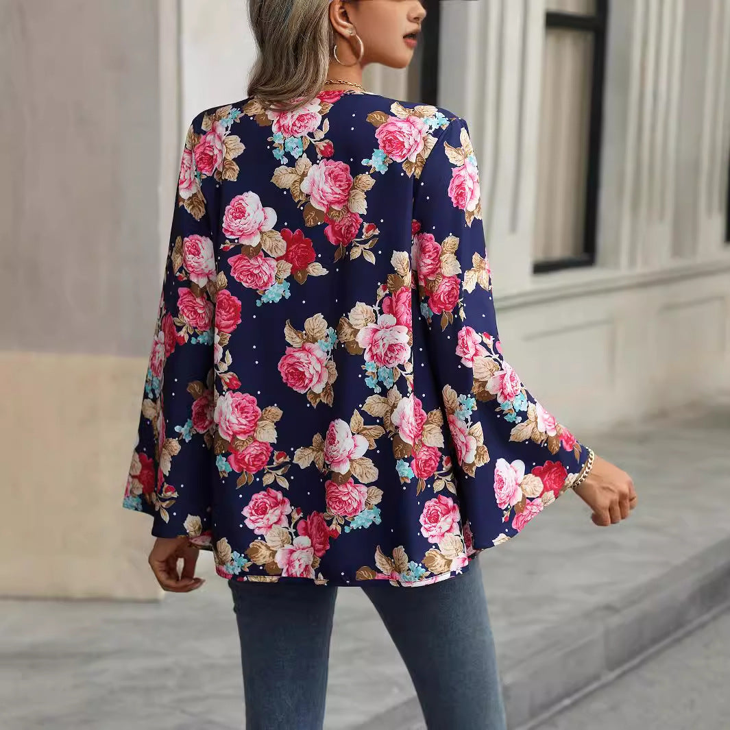 V Neck Floral Print Bell Sleeve Shirt