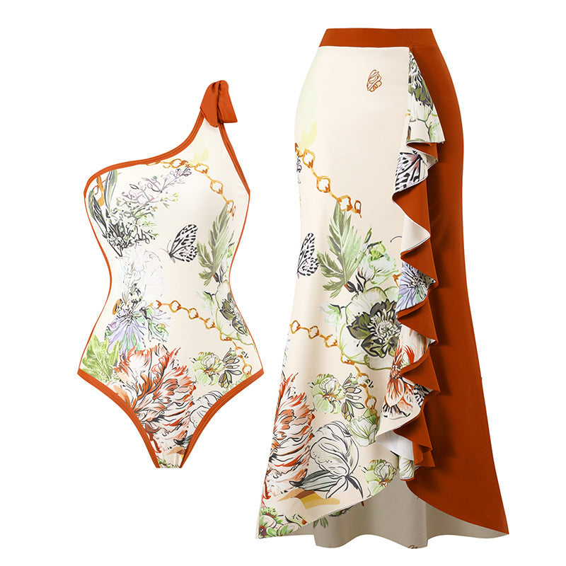 Elegant Printed Stitching Contrast Color Beach Sun Protection Skirt Shoulder Two Piece Swimsuit