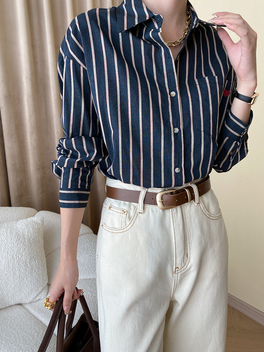 Love Small Embroidery French Brushed Vertical Stripes Loose Slimming Shirt