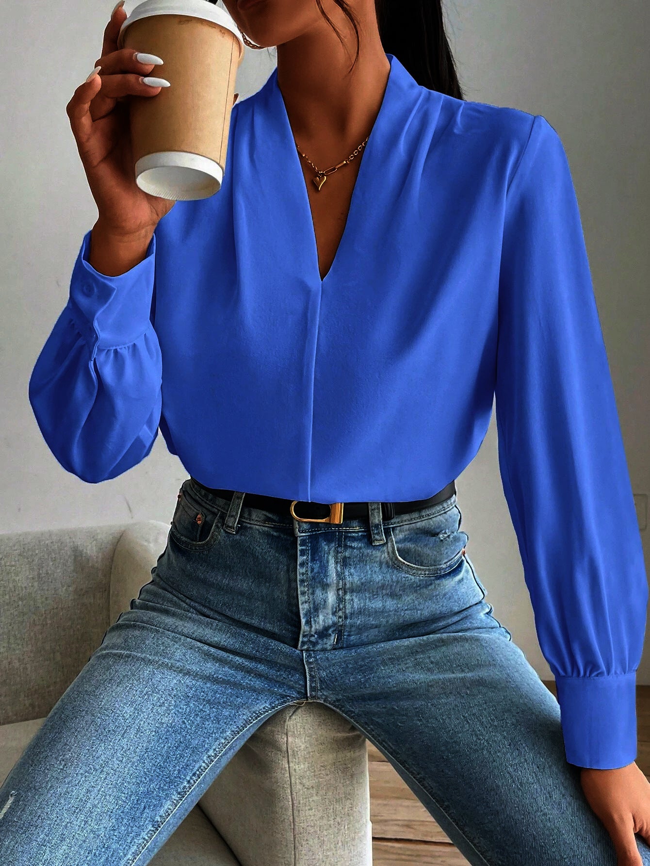 Long Sleeve V Neck Loose Shirt