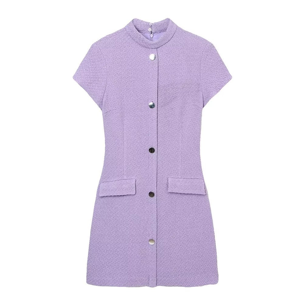 Stand Collar Texture Single Breasted Cinched Slimming Short Sleeves Dress