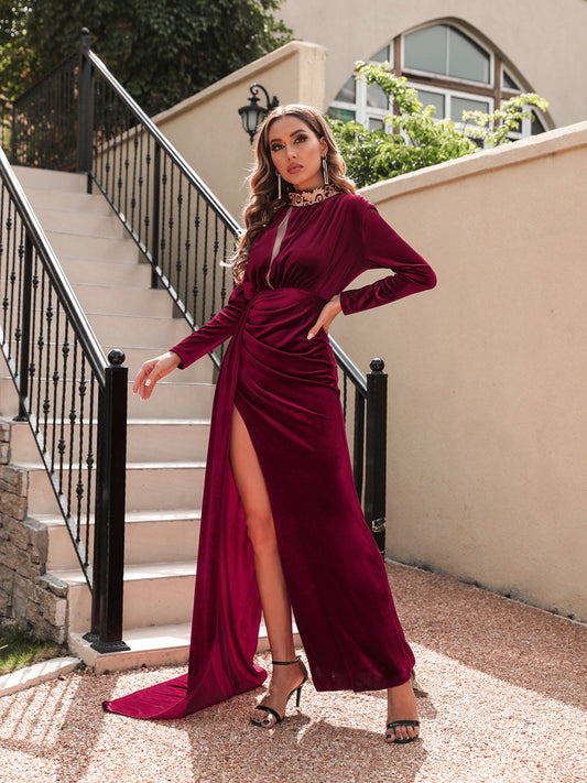 Velvet High Neck Sexy Evening Dress