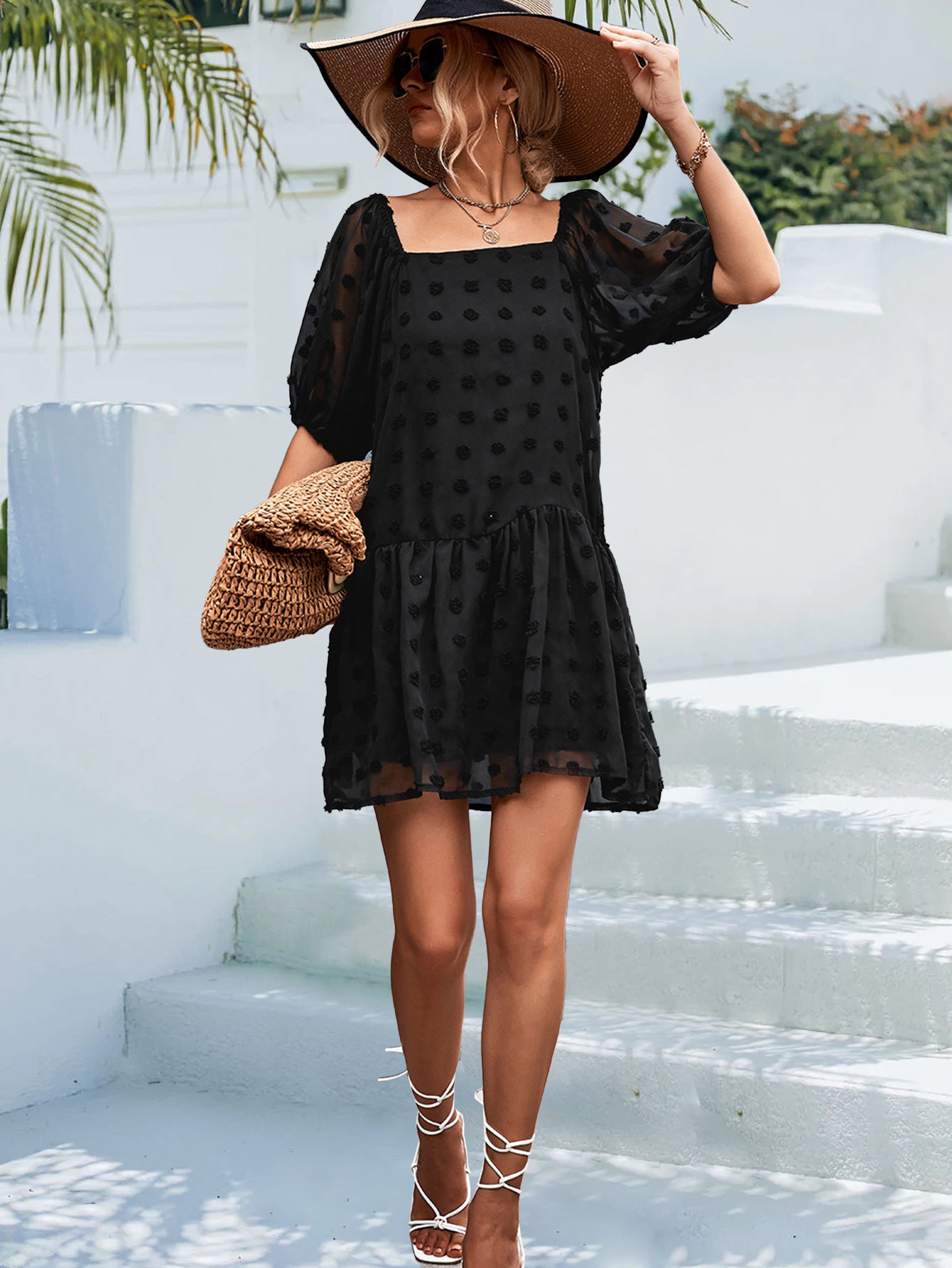 Lantern Sleeve Jacquard Fur Ball Square Collar Pocket Dress