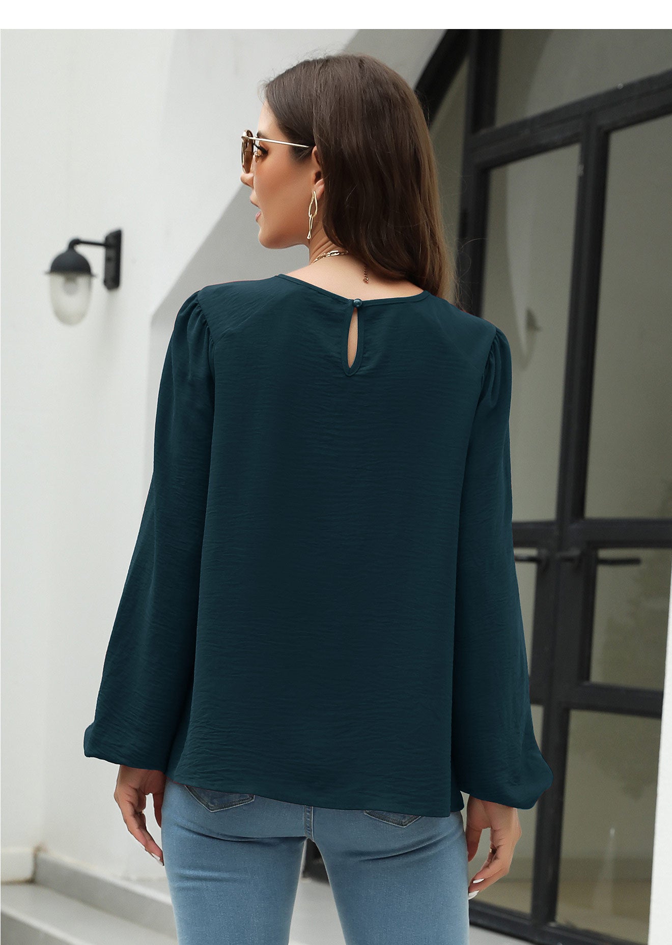 Top camicia in chiffon con maniche a lanterna