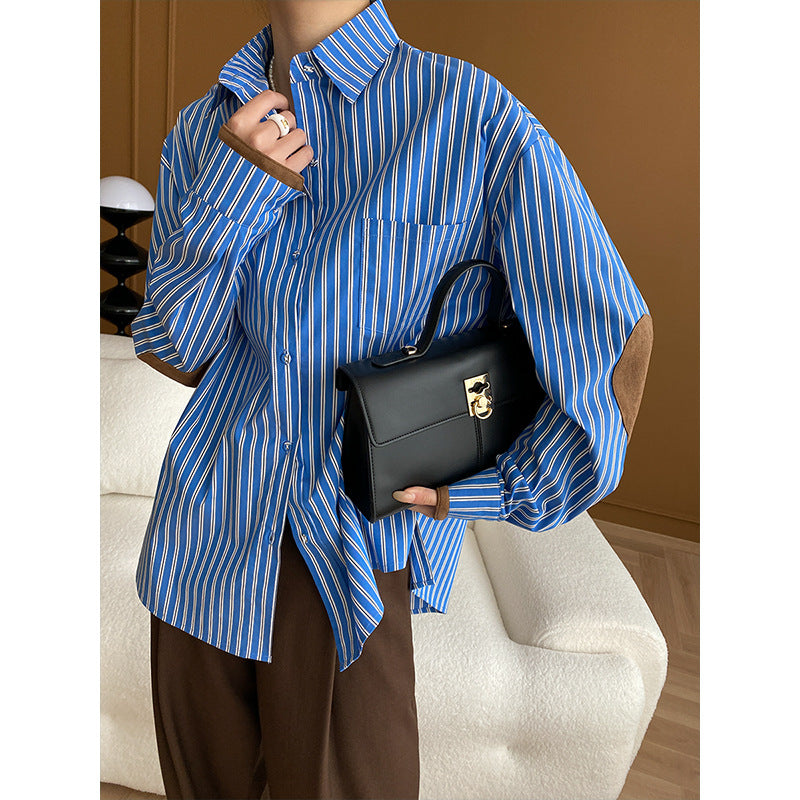 Suede Stitching Vertical Striped Loose Shirt