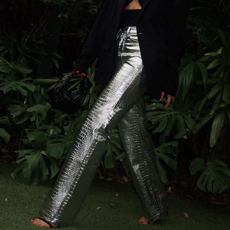 Metallic Coated Fabric Silver Scale Pattern High Waist Long Straight Pants