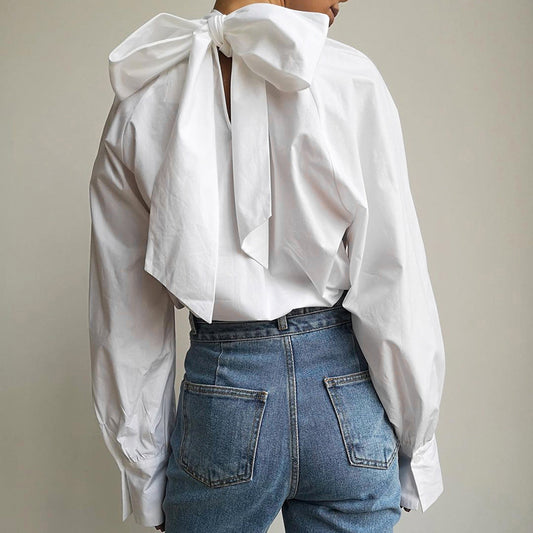 Bowknot French Turtleneck Stand Collar White Shirt FOREVEREIGHTEEN - Fashally.com