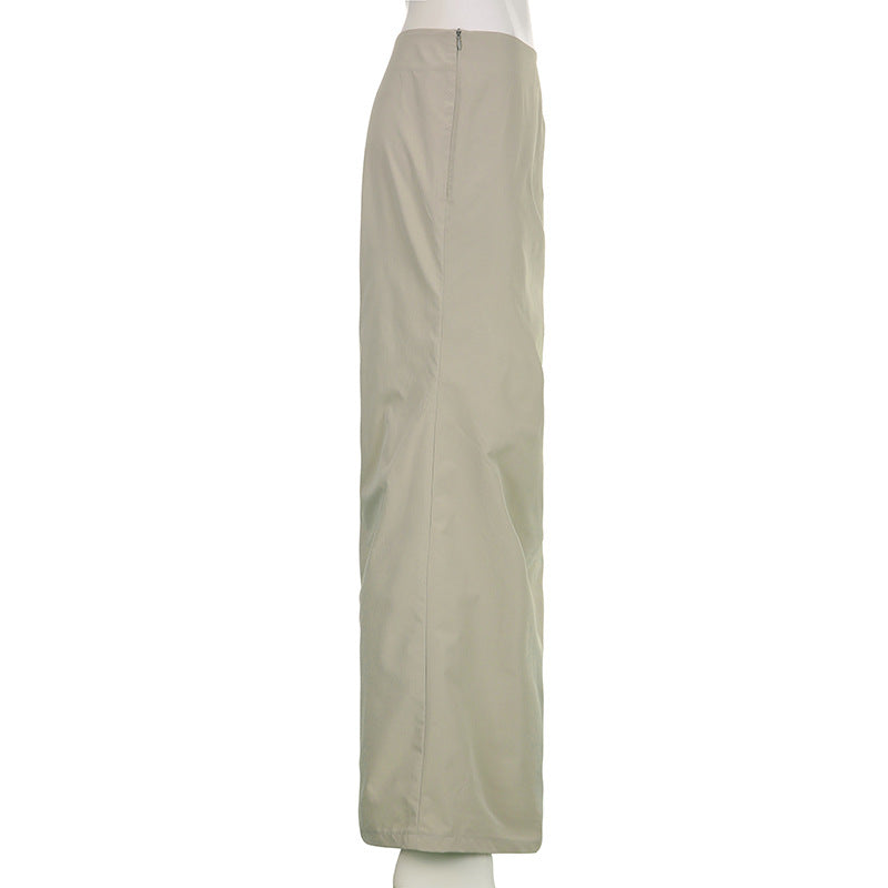 Solid Color Pleated Side Slit Sheath High Waist Long Skirt