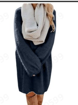 Mid Length Long Sleeve Round Neck Loose Plush Dress