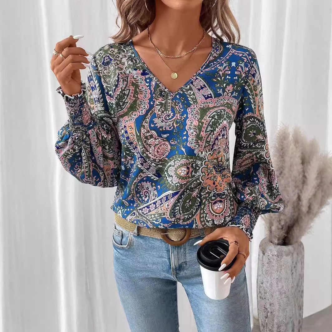 Elegant V Neck Printed Lantern Sleeve Shirt